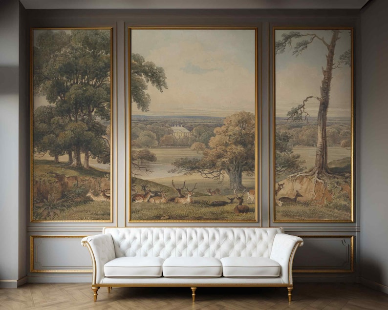 Rustic reprint vintage wall murals Self-adhesive or non-woven wallpaper Landscape panoramic vintage picturesque Victorian style wild animals zdjęcie 5