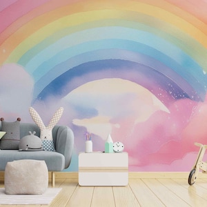 Arcobaleno luminoso con nuvole Delicato Multicolore Carta da parati autoadesiva in tessuto o tessuto non tessuto Decorazione murale ad acquerello per cameretta dei bambini