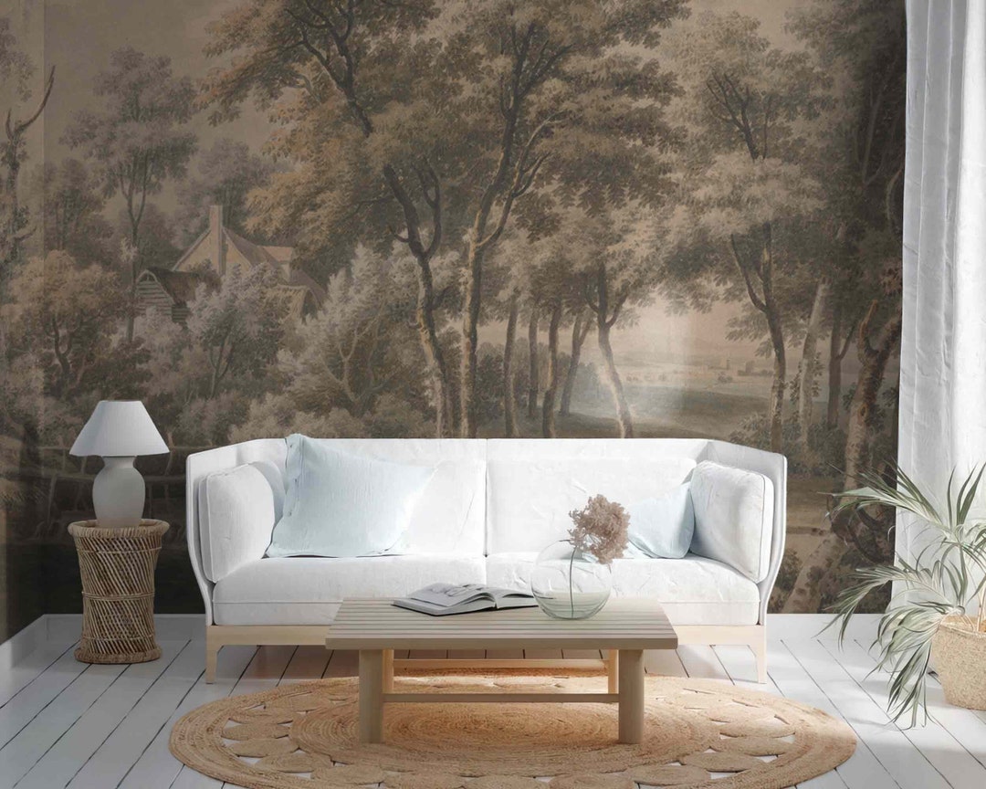 Rural Forest Painting Wall Mural Vintage Landscape Self-adhesive Fabric ...