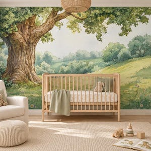 Woodland Nursery Wallpaper, Watercolor Tree Mural, Forest Landscape for Kids Room
