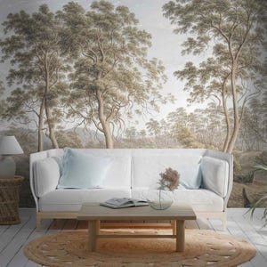 Vintage Forest Landscape Wallpaper Neutral Tree Mural Self Adhesive or Non Woven Nature Scene Wall Decor Removable Botanical Wall Mural