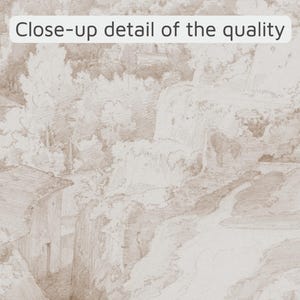 May include: A sepia-toned illustration of a landscape featuring buildings, trees, and a waterfall. The image is a close-up detail, with the text "Close-up detail of the quality" at the top.