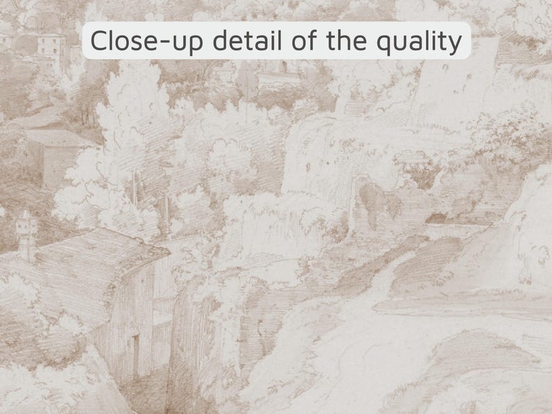 May include: A sepia-toned illustration of a landscape featuring buildings, trees, and a waterfall. The image is a close-up detail, with the text "Close-up detail of the quality" at the top.