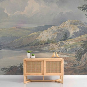 パノラマビュー山谷油絵壁画ヴィンテージ風景粘着または不織布壁紙ファインアートベージュニュートラルレトロ