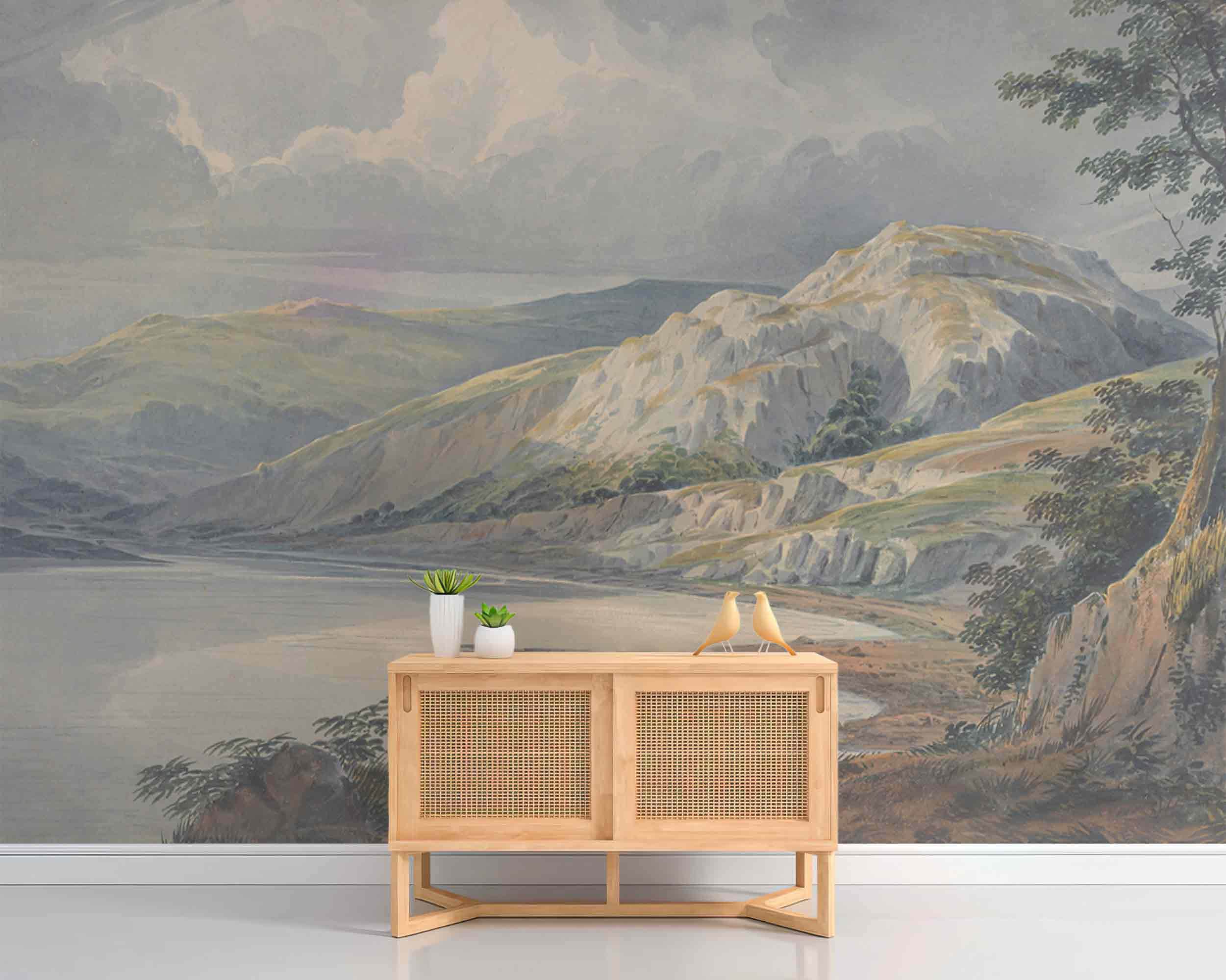 Panoramic view mountain valley oil wall mural Vintage landscape Self-adhesive or Non-woven wallpaper Fine art Beige neutral retro