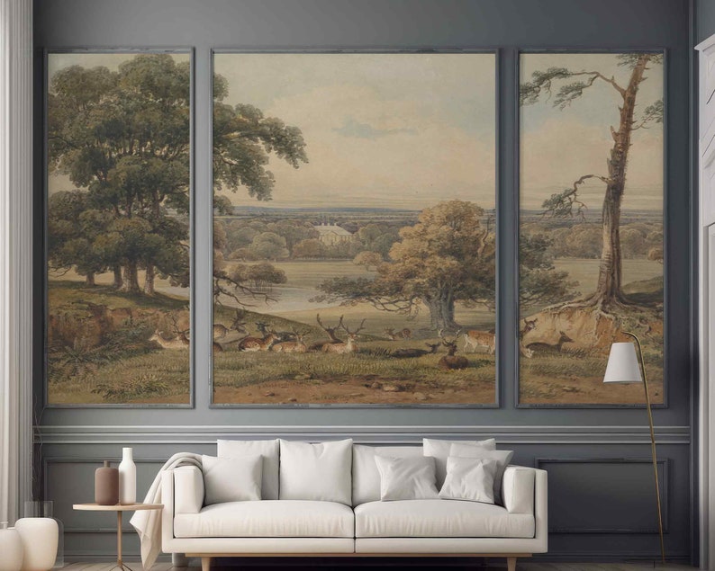 Rustic reprint vintage wall murals Self-adhesive or non-woven wallpaper Landscape panoramic vintage picturesque Victorian style wild animals zdjęcie 1