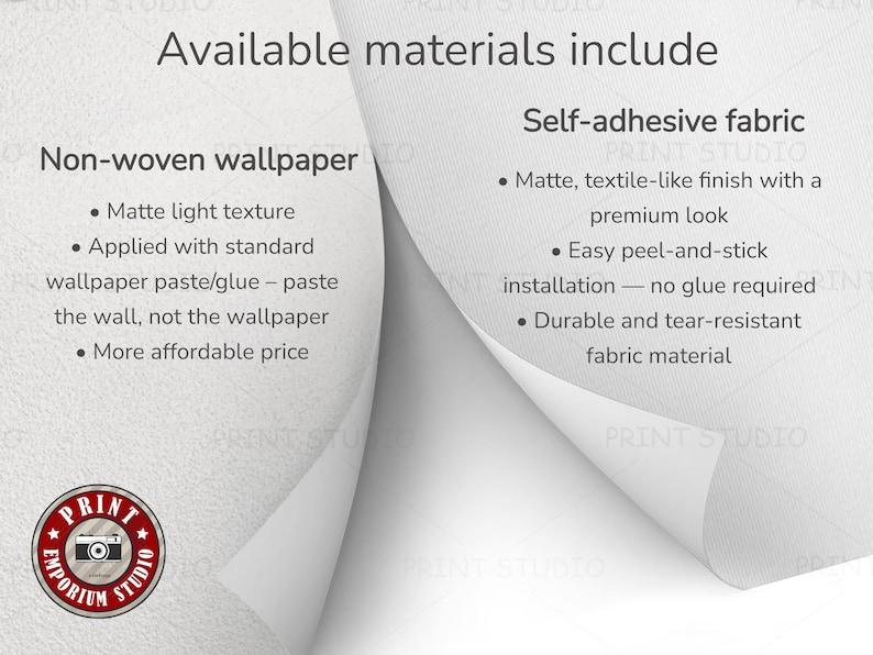 May include: An informational graphic titled Available materials include, comparing non-woven wallpaper and self-adhesive fabric. The text details features like matte texture, paste application, peel-and-stick installation, and durability for each material.