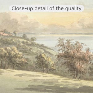 May include: A watercolour landscape painting featuring a hillside with trees and small buildings overlooking a body of water under a soft sky. The text "Close-up detail of the quality" is printed in a white box at the top centre of the image.