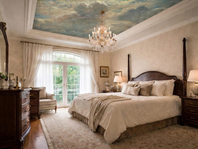 Vintage Cloud Ceiling Wallpaper Mural, Oil Painting Reproduction Sky ...