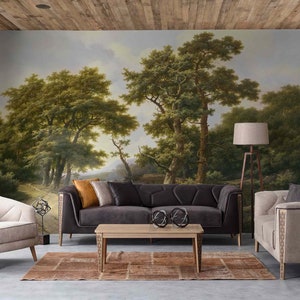 Retro forest oil painting Big tree wall mural Vintage beautiful nature Self-adhesive fabric or Non-woven wallpaper Antique Scenic Landscape