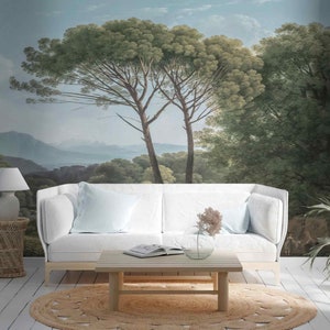 Large Beautiful Green Forest Trees Mountain Landscape Retro Mural Self Adhesive or Normal Wallpaper Vintage Decor Oil Painting