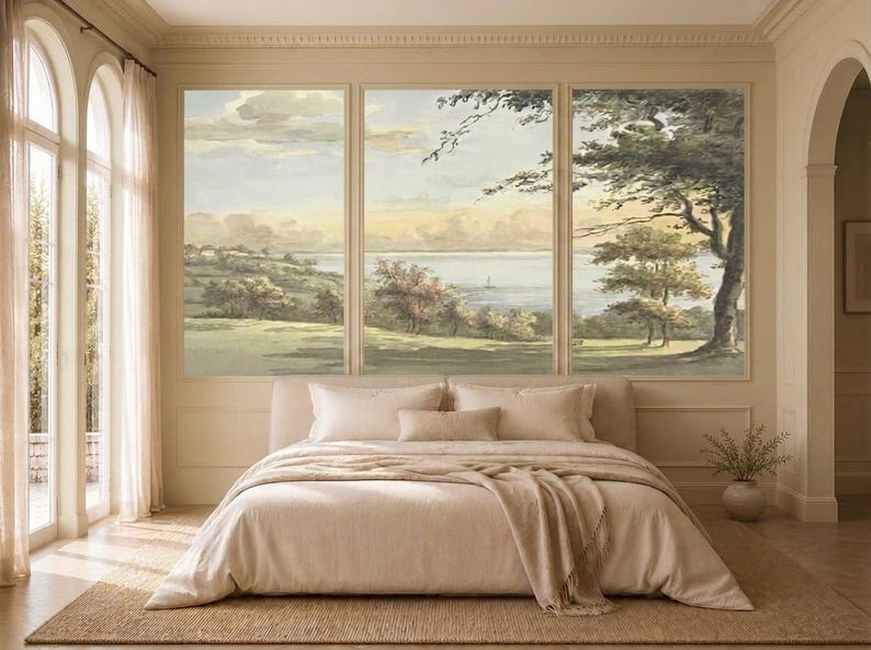 Vintage Coastal Landscape Wallpaper, English Country Wall Mural, Quiet Luxury Wallpaper image 2