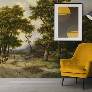 Rural forest painting wall mural Vintage landscape removable wallpaper Tree Countryside decor wall Scenic painting mural Landscape Panoramic image 6