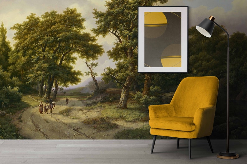 Rural forest painting wall mural Vintage landscape removable wallpaper Tree Countryside decor wall Scenic painting mural Landscape Panoramic image 6