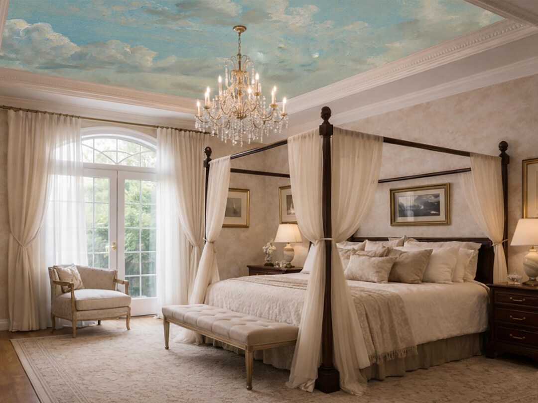 Vintage Blue Sky Wall Mural With Soft Clouds Painting Scenic Wallpaper ...