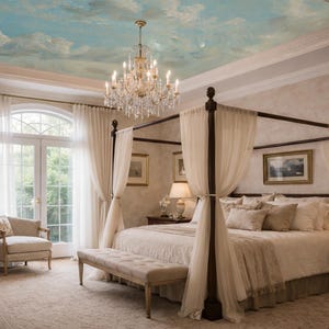 Könnte beinhalten: Ein luxuriöses Schlafzimmer mit einem Himmelbett, das mit cremefarbenen Vorhängen drapiert ist. Der Raum verfügt über einen Kronleuchter, eine bemalte Decke mit Himmelmotiv und eine Sitzecke mit einem Stuhl. Es gibt einen Teppich und eine Bank.