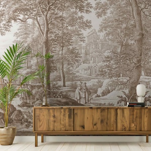 Carta da parati beige vintage con paesaggio forestale, normale o rimovibile, stile Toile de Jouy, acquerello, monocromatico, storico, panoramico, dipinto murale
