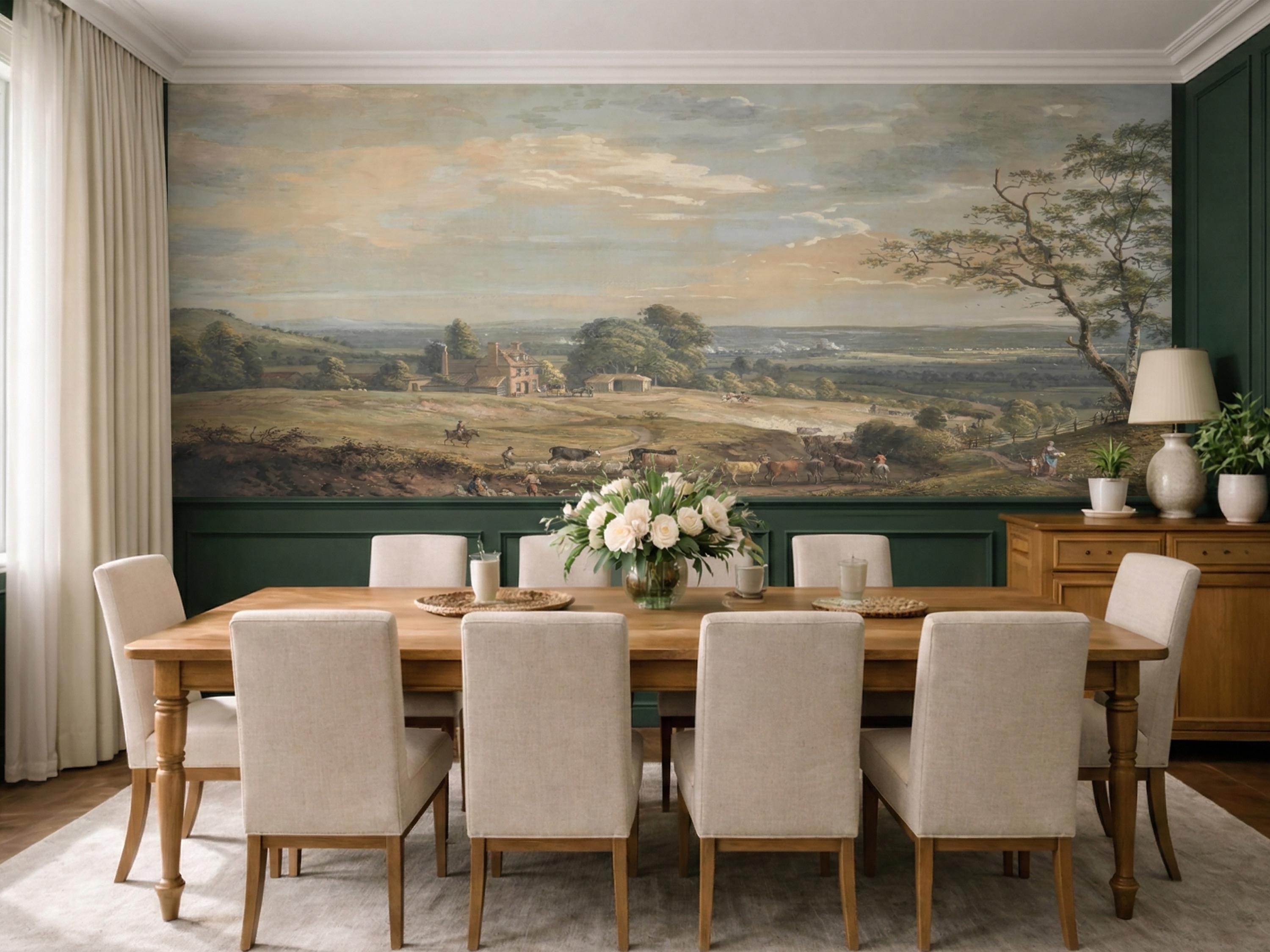 Vintage English Countryside Wallpaper Mural, Pastoral Scenic Landscape ...