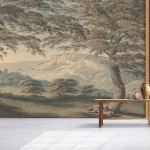 Grandi alberi, paesaggio panoramico di una valle rurale, stile vittoriano, campagna forestale d'epoca, carta da parati autoadesiva in tessuto o tessuto non tessuto