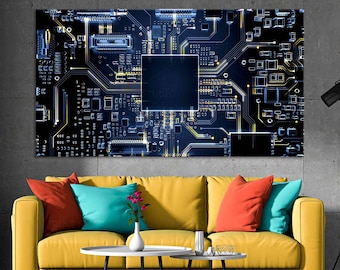 Circuit layout Electronics wall art Chip huge panoramic canvas print Circuit board home office decor Motherboard Computer science printed