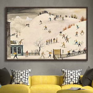 Skiers on the hill by Franz Sedlacek Watercolor painting reproduction on canvas print framed Retro German fine art picture minimalist winter