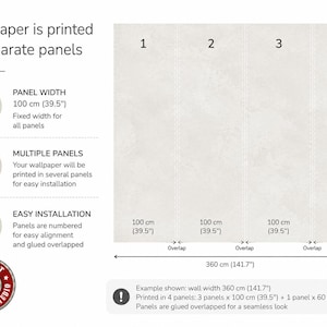 May include: A diagram showing wallpaper printed in four numbered panels. The panels have a total width of 360 cm (141.7 inches), with three panels at 100 cm (39.5 inches) and one panel at 60 cm (23.5 inches), featuring an overlapped installation design.