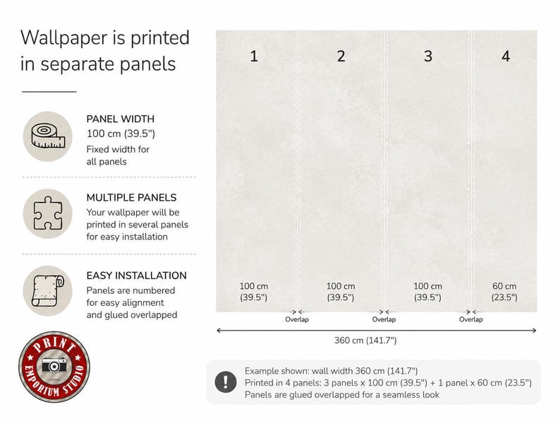 May include: A diagram showing wallpaper printed in four numbered panels. The panels have a total width of 360 cm (141.7 inches), with three panels at 100 cm (39.5 inches) and one panel at 60 cm (23.5 inches), featuring an overlapped installation design.
