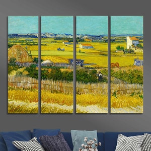 May include: A four-panel canvas print of a landscape painting. The artwork depicts a rural scene with fields of wheat, farm buildings, and a bright blue sky. A haystack and a wooden fence are in the foreground. The style is reminiscent of post-impressionist art.