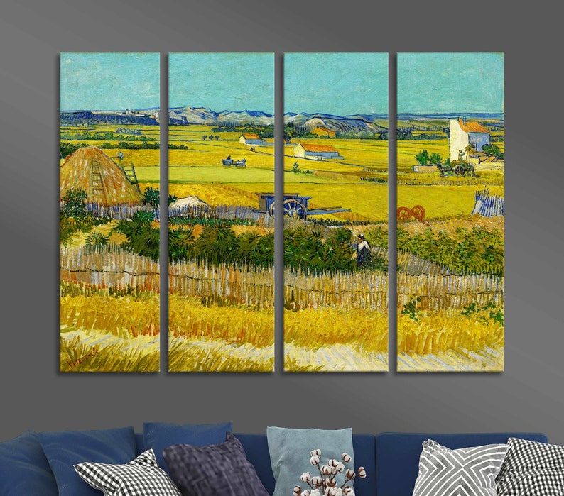 May include: A four-panel canvas print of a landscape painting. The artwork depicts a rural scene with fields of wheat, farm buildings, and a bright blue sky. A haystack and a wooden fence are in the foreground. The style is reminiscent of post-impressionist art.
