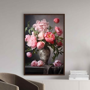 Jarrón con flores Hermosas peonías rosas Naturaleza muerta floral sobre fondo oscuro Hermosa reproducción de arte vintage enmarcada