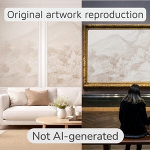 May include: The image is split, showing a living room and a museum. The living room features a white sofa, beige rug, and a round wooden coffee table. The museum side displays a framed landscape painting with the text "Original artwork reproduction" and "Not AI-generated".