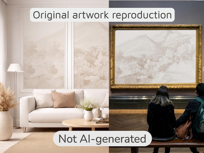 May include: The image is split, showing a living room and a museum. The living room features a white sofa, beige rug, and a round wooden coffee table. The museum side displays a framed landscape painting with the text "Original artwork reproduction" and "Not AI-generated".