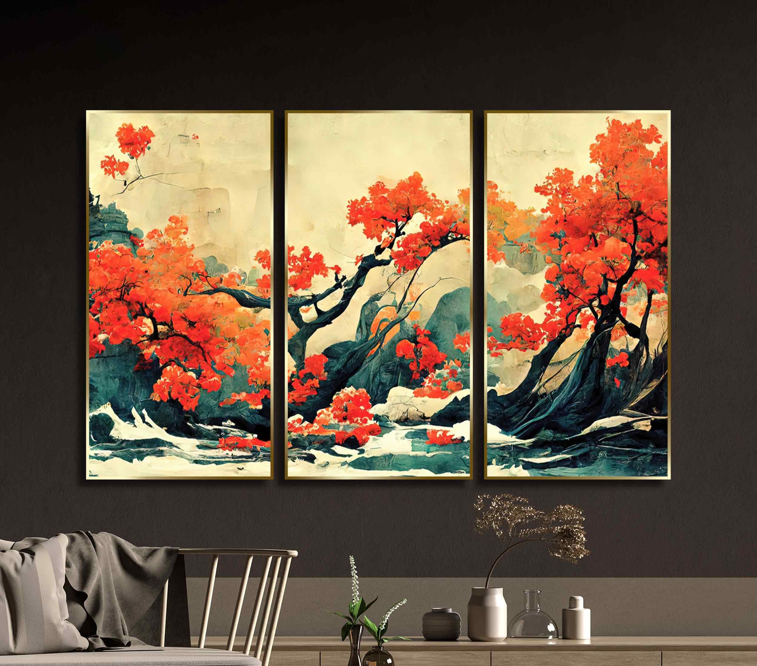 Tree 3 Piece Wall Art Decor Japanese Autumn Landscape Abstract Set of ...