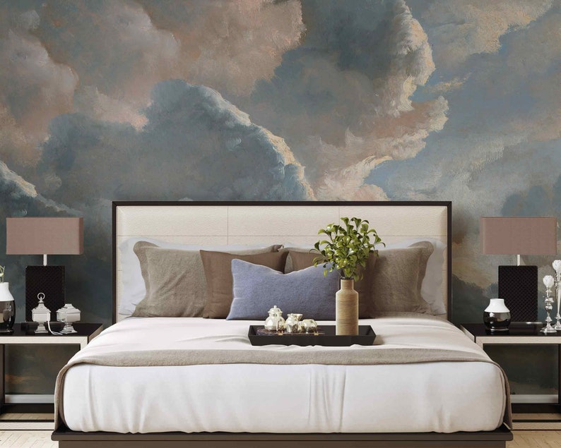 Beige Blue Pastel Clouds Self-adhesive Fabric or Non-woven Wallpaper ...