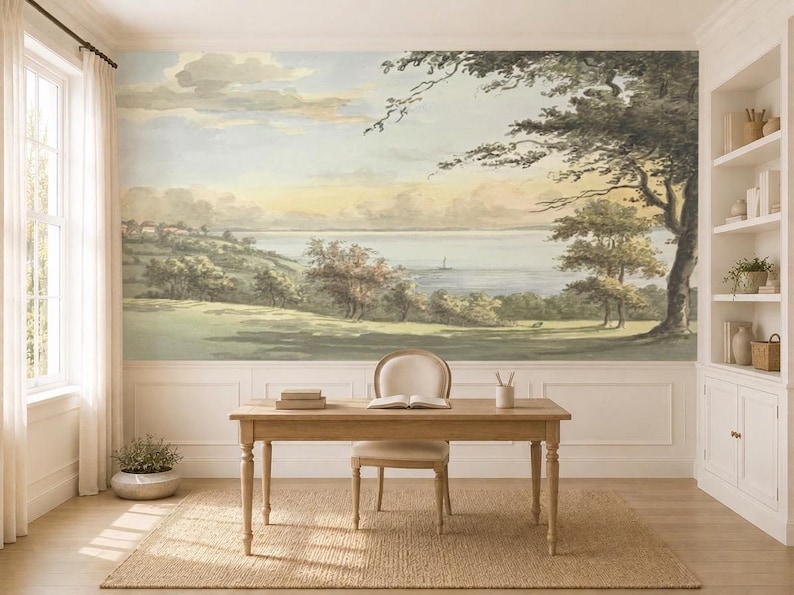 Vintage Coastal Landscape Wallpaper, English Country Wall Mural, Quiet Luxury Wallpaper image 5