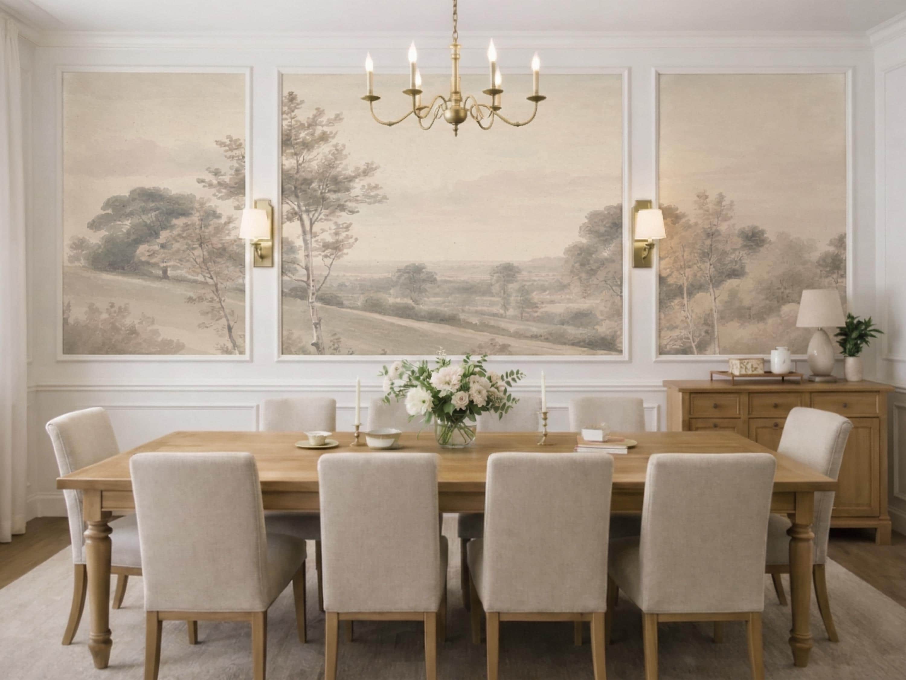 Vintage Pastoral Landscape Wallpaper Mural, Neutral Countryside Wall ...