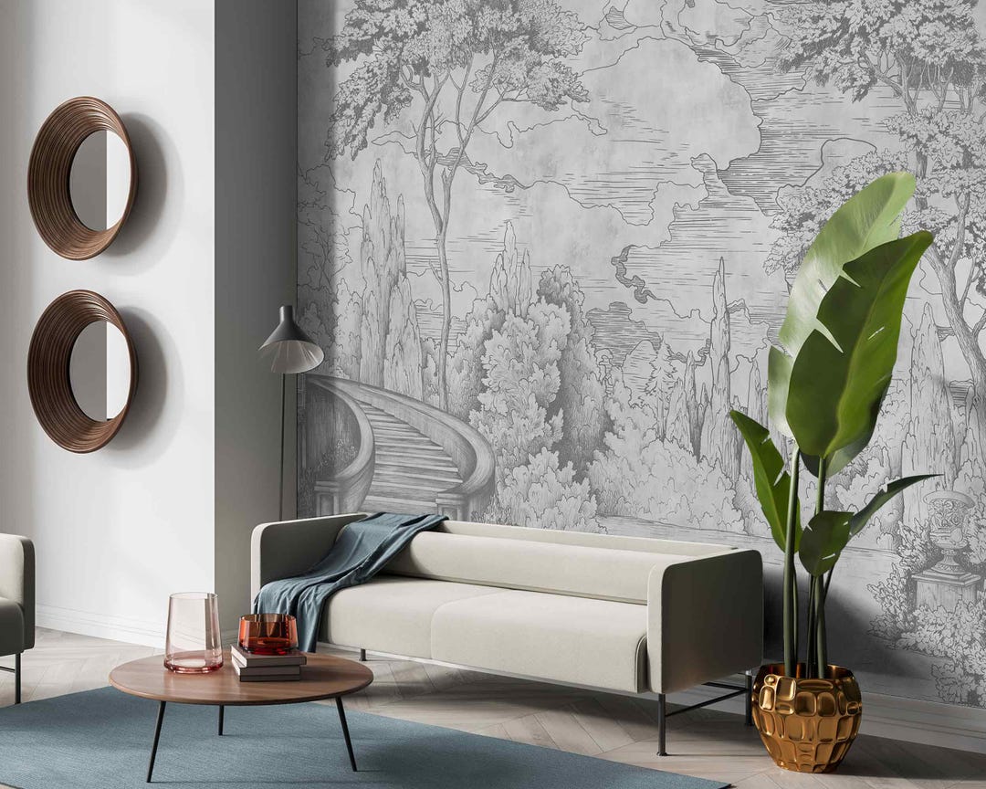 Black & White Monochrome Landscape Sketched Mural Self-adhesive