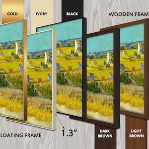 May include: Artwork print of a landscape painting with a wheat field, houses, and a blue sky. The artwork is displayed in various frame styles, including gold, ivory, black, dark brown, and light brown. The floating frame is 1.3 inches thick.