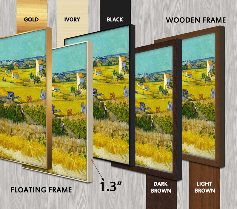 May include: Artwork print of a landscape painting with a wheat field, houses, and a blue sky. The artwork is displayed in various frame styles, including gold, ivory, black, dark brown, and light brown. The floating frame is 1.3 inches thick.