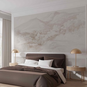 May include: A bedroom interior with a brown bed, headboard, and bedding. Two gold bedside lamps are on either side of the bed. A large mural of a mountain scene is on the wall. The room has white trim and curtains. The bed is approximately 190 cm long.