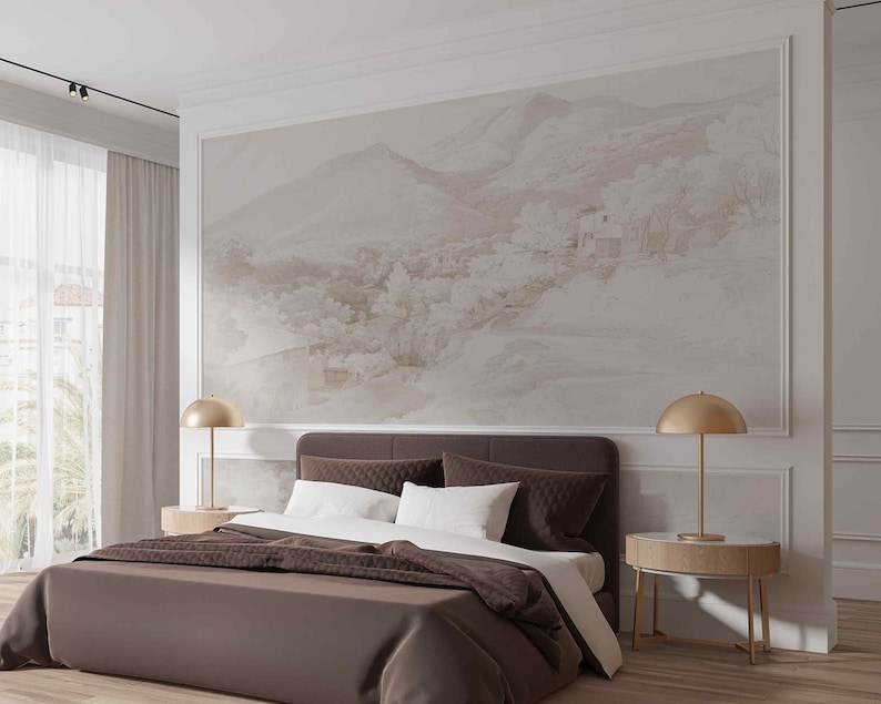 May include: A bedroom interior with a brown bed, headboard, and bedding. Two gold bedside lamps are on either side of the bed. A large mural of a mountain scene is on the wall. The room has white trim and curtains. The bed is approximately 190 cm long.