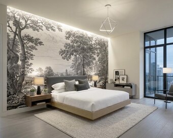 Papel de parede mural em preto e branco com estampa toile, paisagem vintage, decoração de parede cênica.