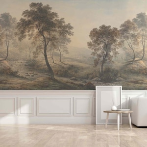 Ländlicher Vintage Wald Selbstklebende Stoff- oder Vliestapete Illustrierte Ölmalerei Fine Art Landschaft Panoramaaussicht Große alte Bäume