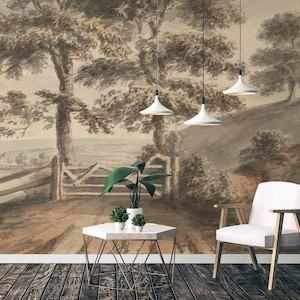 Carta da parati paesaggio beige autoadesiva grandi alberi in tessuto o tessuto non tessuto grandi alberi murale retrò campagna vintage vista storica scena