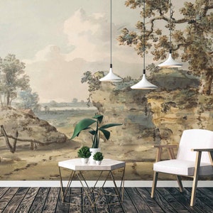 Green hill with tree beautiful view wall mural landscape panoramic view Self-adhesive or Non-woven wallpaper Big trees Countryside decor