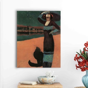 Slender woman with a cat, Geza Farago vintage poster woman, woman with cat wall art, sophisticated woman retro print Fine Art Print Decor