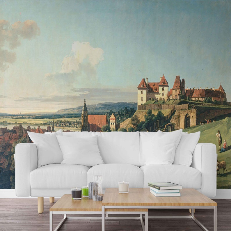 Rural landscape wallpaper Forest forest with river vintage wall decal Illustrated reproduction fine art removable mural Retro panoramic view image 8