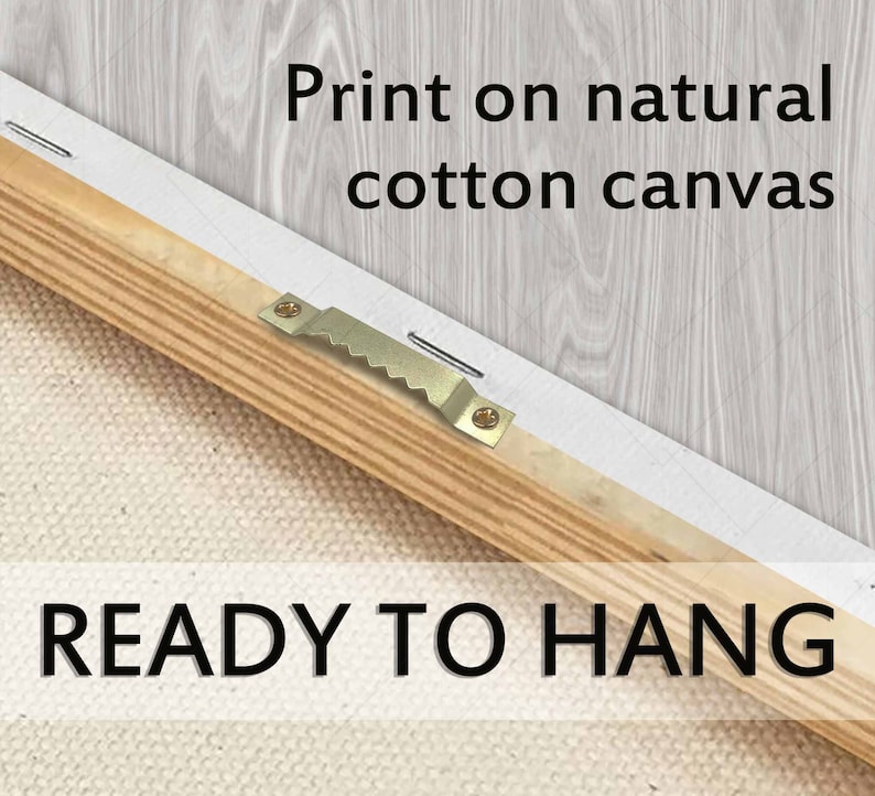 May include: Close-up of the back of a canvas print, showing a wooden frame, metal sawtooth hanger, and the text "Print on natural cotton canvas" and "READY TO HANG". The canvas is stretched over a wooden frame.