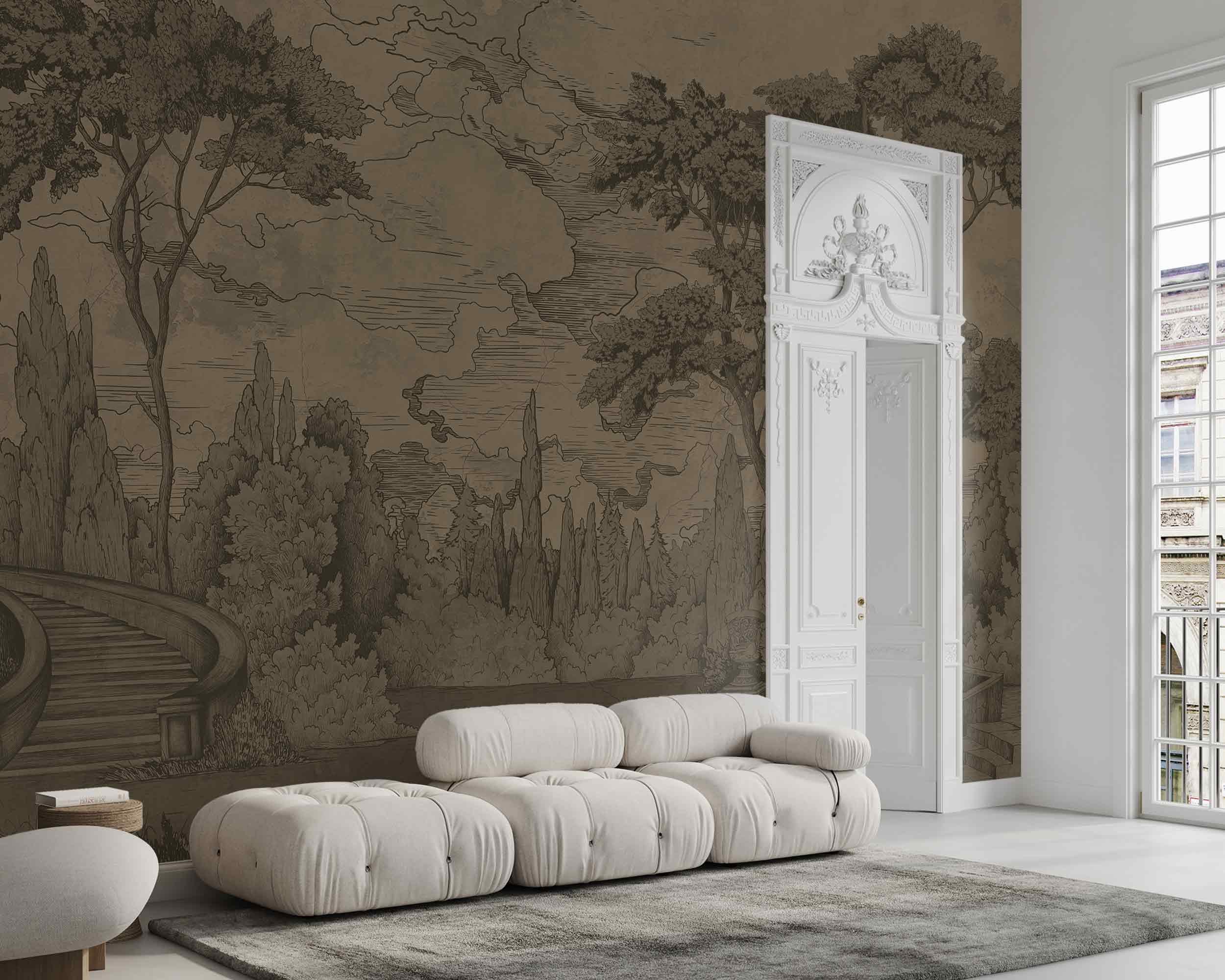Monochrome Landscape Sketched Mural Self-adhesive Fabric or Non