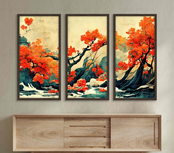 Tree 3 Piece Wall Art Decor Japanese Autumn Landscape Abstract Set